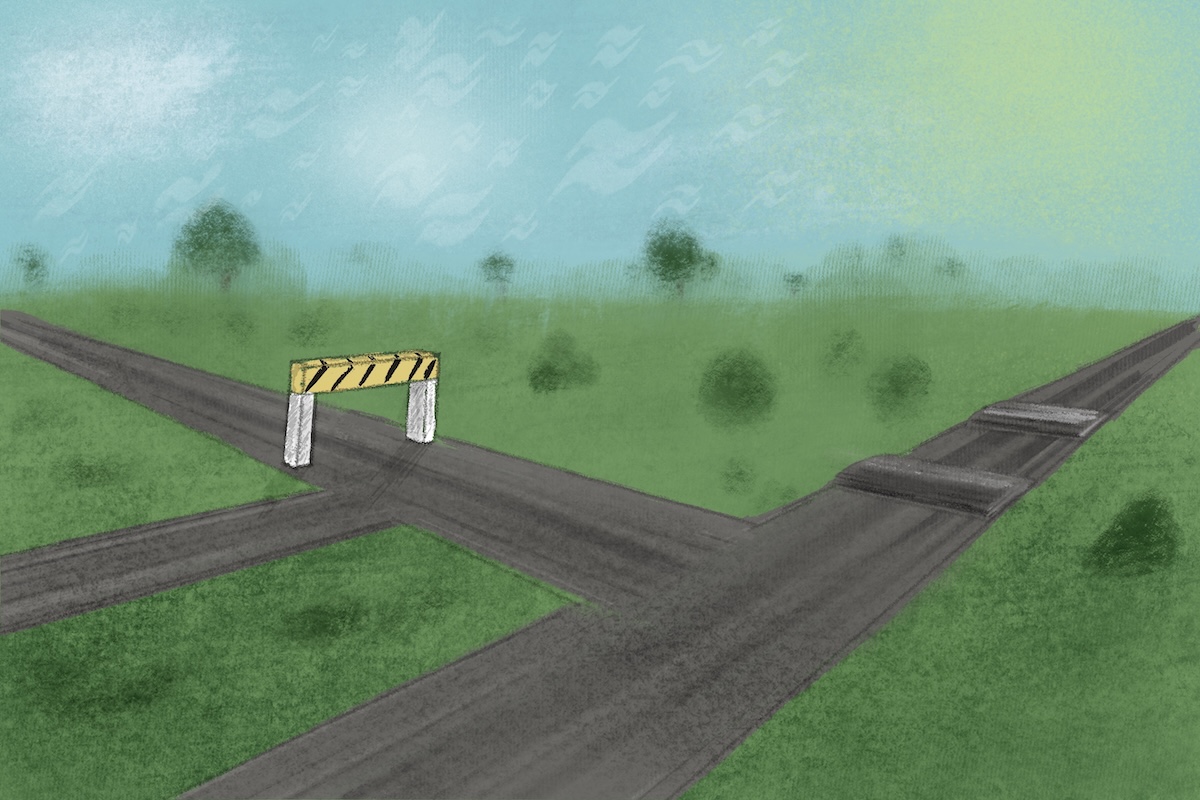 An amateurish illustration of a road with multiple paths. One has speed bumps, the other has a roadblock that would divert the person following the path down another road in the opposite direction.